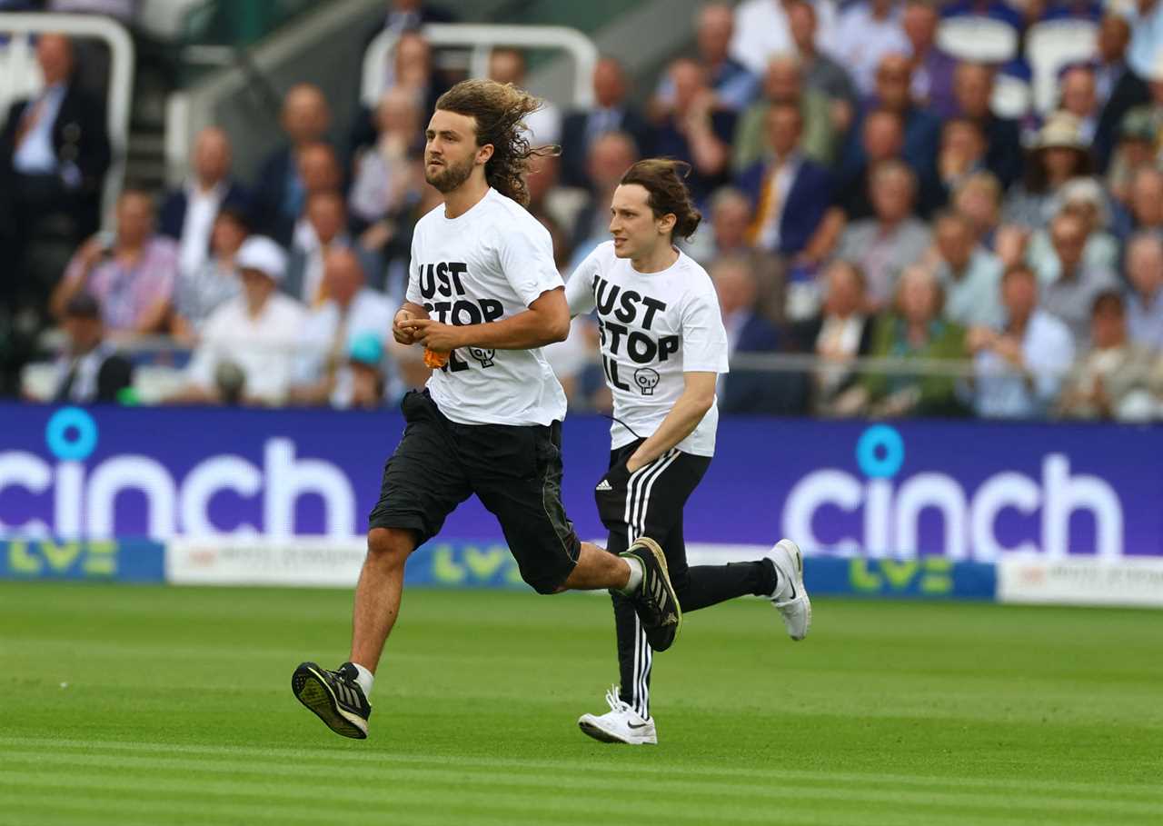 Cricket - Ashes - Second Test - England v Australia - Lord's Cricket Ground, London, Britain - June 28, 2023 Just stop oil protesters run onto the field during the game Action Images via Reuters/Matthew Childs