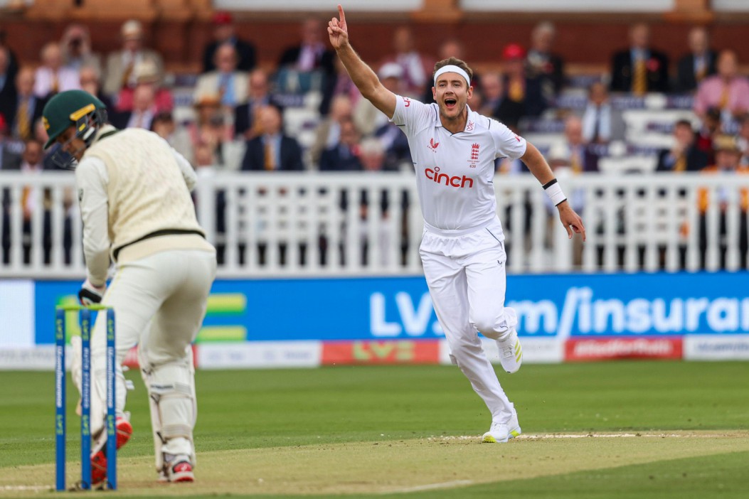 Alamy Live News. 2R9WHWY London, England. 29th June, 2023. England's Stuart Broad celebrates after dismissing Australia's Alex Carey during the Ashes second test at Lords. Picture credit should read: Ben Whitley/Alamy Live News. This is an Alamy Live News image and may not be part of your current Alamy deal . If you are unsure, please contact our sales team to check.