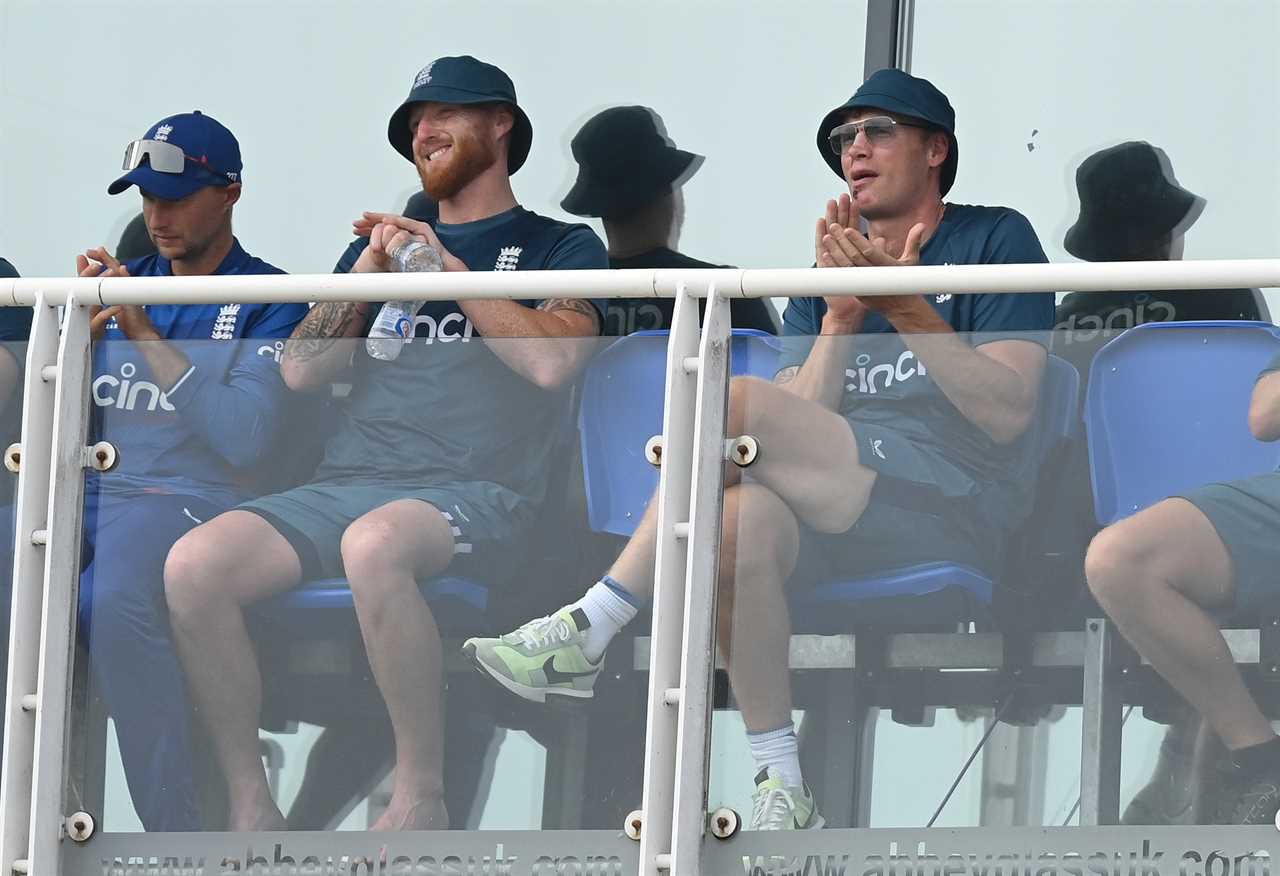 CARDIFF, WALES - SEPTEMBER 08: Andrew "Freddie" Flintoff working with the England team sits next to Ben Stokes and Joe Root (L) on the balcony during the 1st Metro Bank One Day International between England and New Zealand at Sophia Gardens on September 08, 2023 in Cardiff, Wales. (Photo by Philip Brown/Popperfoto/Popperfoto via Getty Images)