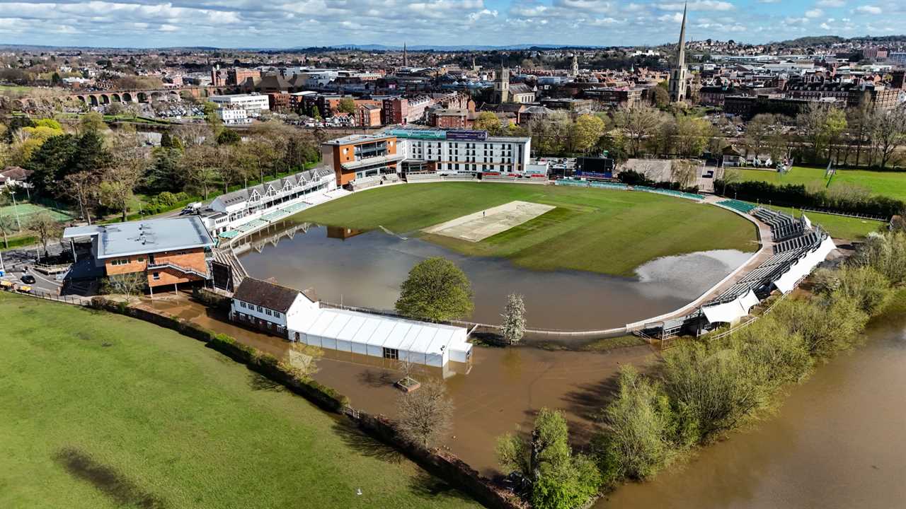 A general view of New Road, home of Worcestershire County Cricket club, partially flooded ahead of the new cricket season which starts on Friday April 5th. Picture date: Tuesday April 2, 2024. PA Photo. Photo credit should read: David Davies/PA Wire. RESTRICTIONS: Use subject to restrictions. Editorial use only, no commercial use without prior consent from rights holder.