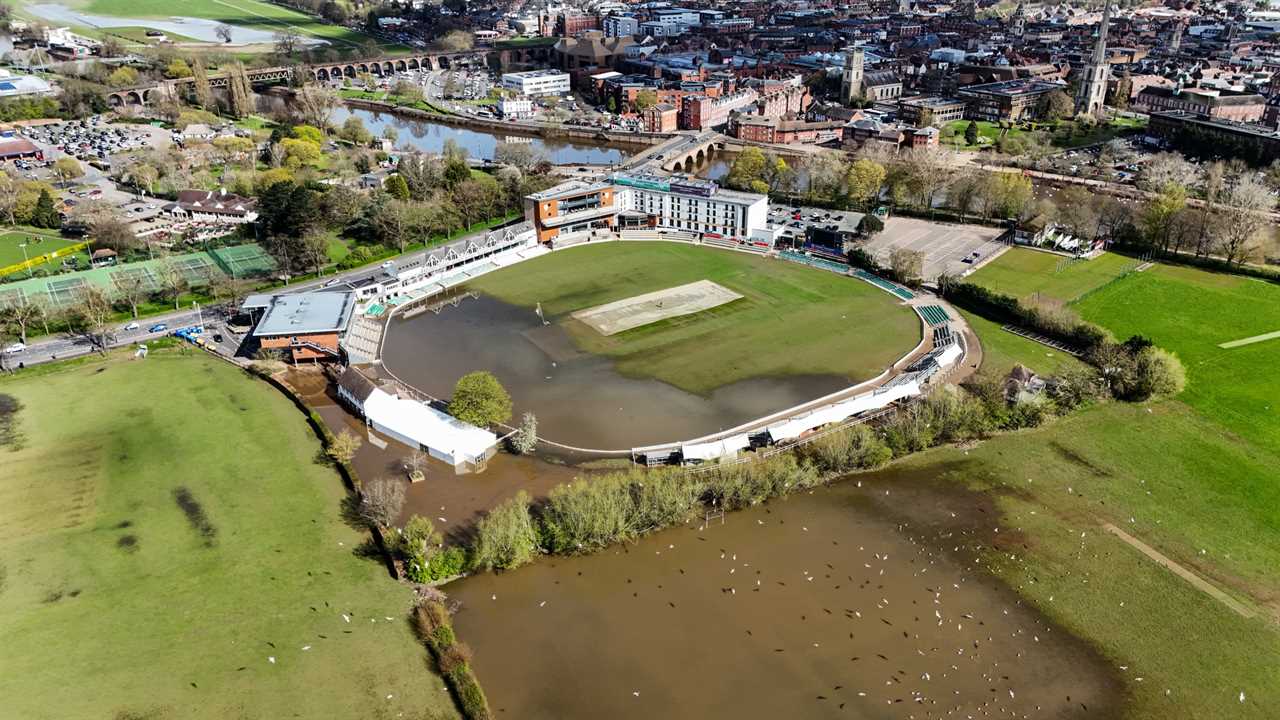 A general view of New Road, home of Worcestershire County Cricket club, partially flooded ahead of the new cricket season which starts on Friday April 5th. Picture date: Tuesday April 2, 2024. PA Photo. Photo credit should read: David Davies/PA Wire. RESTRICTIONS: Use subject to restrictions. Editorial use only, no commercial use without prior consent from rights holder.