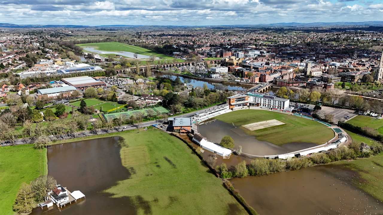 A general view of New Road, home of Worcestershire County Cricket club, partially flooded ahead of the new cricket season which starts on Friday April 5th. Also visible is Worcester Racecourse in the distance. Picture date: Tuesday April 2, 2024. PA Photo. Photo credit should read: David Davies/PA Wire. RESTRICTIONS: Use subject to restrictions. Editorial use only, no commercial use without prior consent from rights holder.
