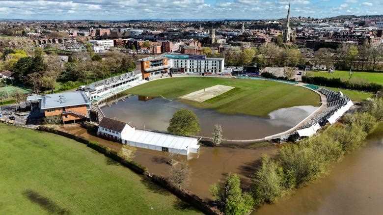Three days before the new cricket season starts, a British iconic cricket ground is submerged in water.