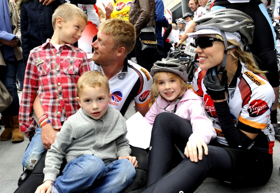 Mandatory Credit: Photo by Lucy Young/Shutterstock (1715480l)..Andrew 'Freddie' Flintoff and his wife Rachael are greeted by their children Corey, Rocky and Holly..Lawrence Dallaglio and Andrew Flintoff finish 28 day bike ride, London, Britain - 18 May 2012..Lawrence Dallaglio and Andrew 'Freddie' Flintoff arrive at Westfield Shopping Centre after a grueling 28 day bike ride covering a total of 1,800 miles for charity. They started on Mount Olympia in Greece