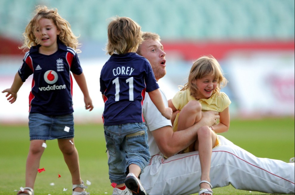 Mandatory Credit: Photo by Andrew Fosker/Shutterstock (997990b)..Andrew 'Freddie' Flintoff sits on the outfield at the Oval and plays with his children Holly and Corey after winning the Ashes...England v Australia, 5th Ashes Test cricket match, The Oval, London, Britain - 23 Aug 2009