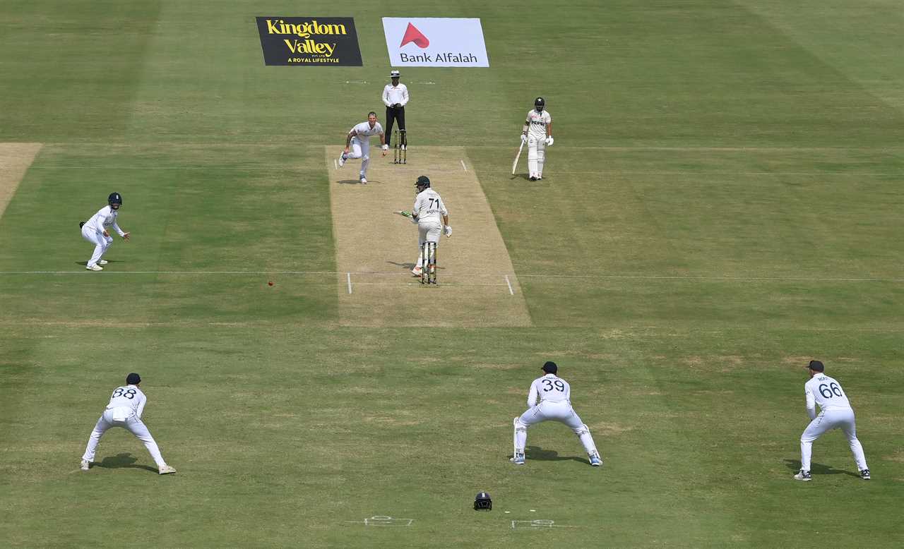 a group of cricket players on a field with an advertisement for kingdom valley in the background