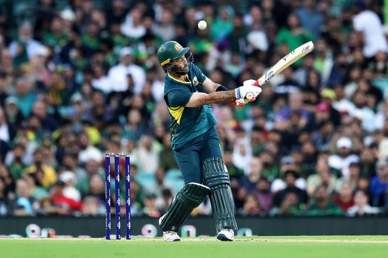 a cricket player swings his bat at a ball in front of a crowd