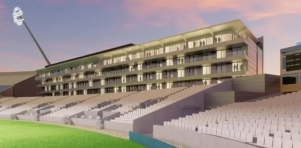 an artist 's impression of a stadium with a scoreboard in the background