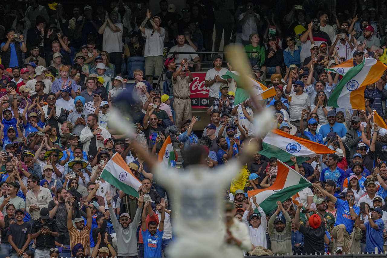 Cricket spectators cheer, waving Indian flags.