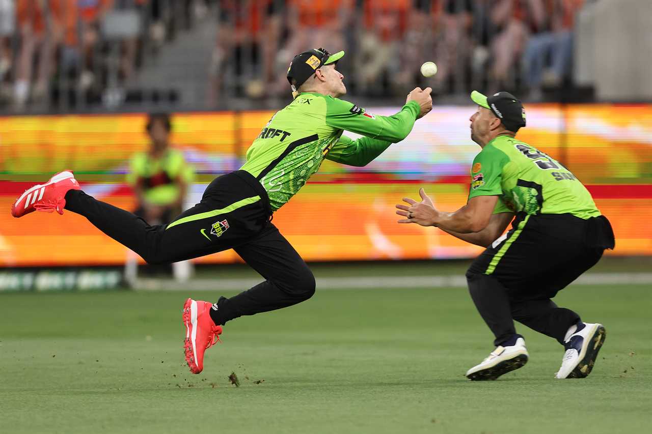 Two cricket players diving for a catch.