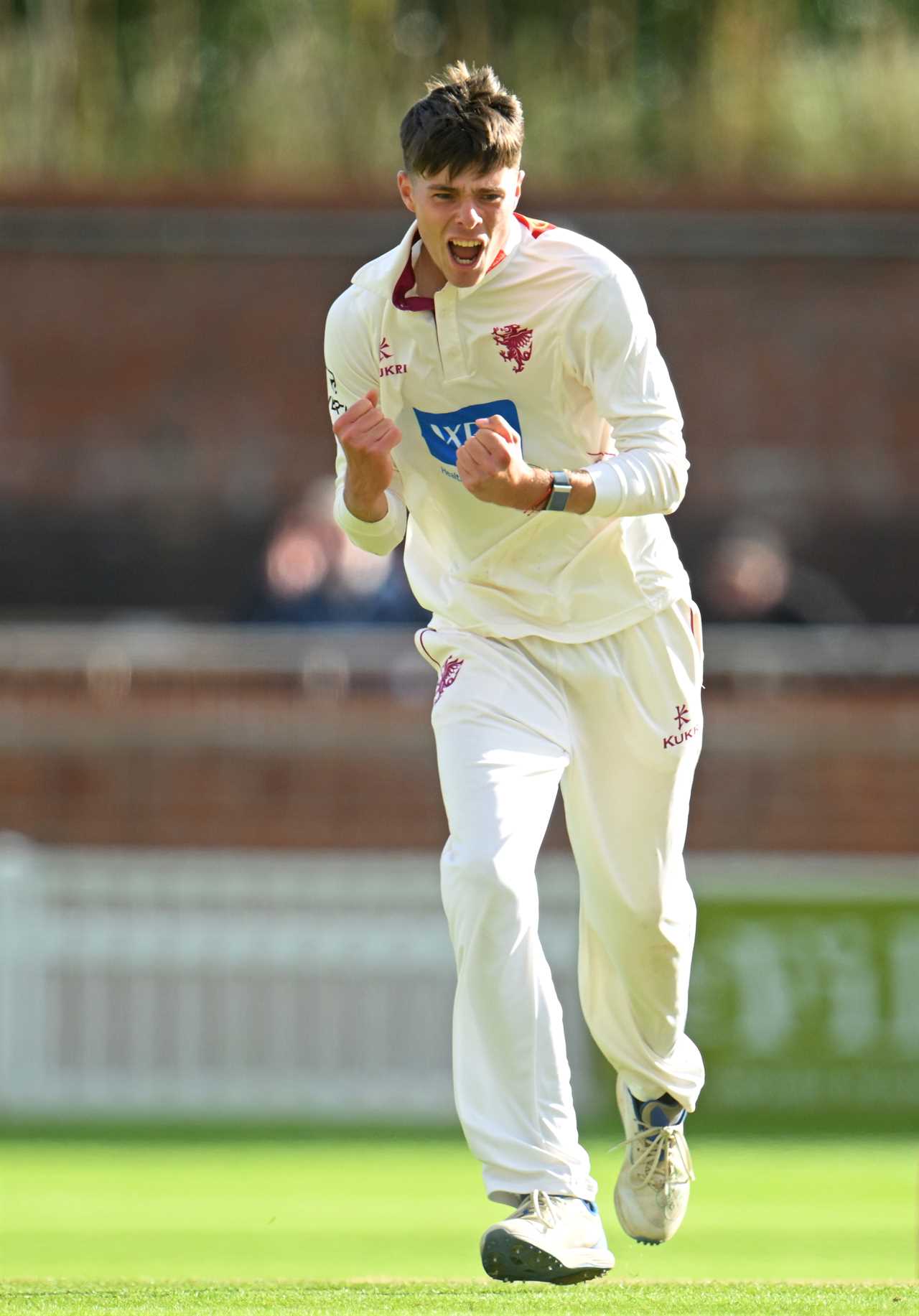 Cricket player celebrating a wicket.