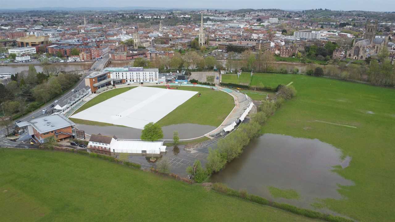 Aerial view of New Road cricket ground in Worcester, England, partially flooded.