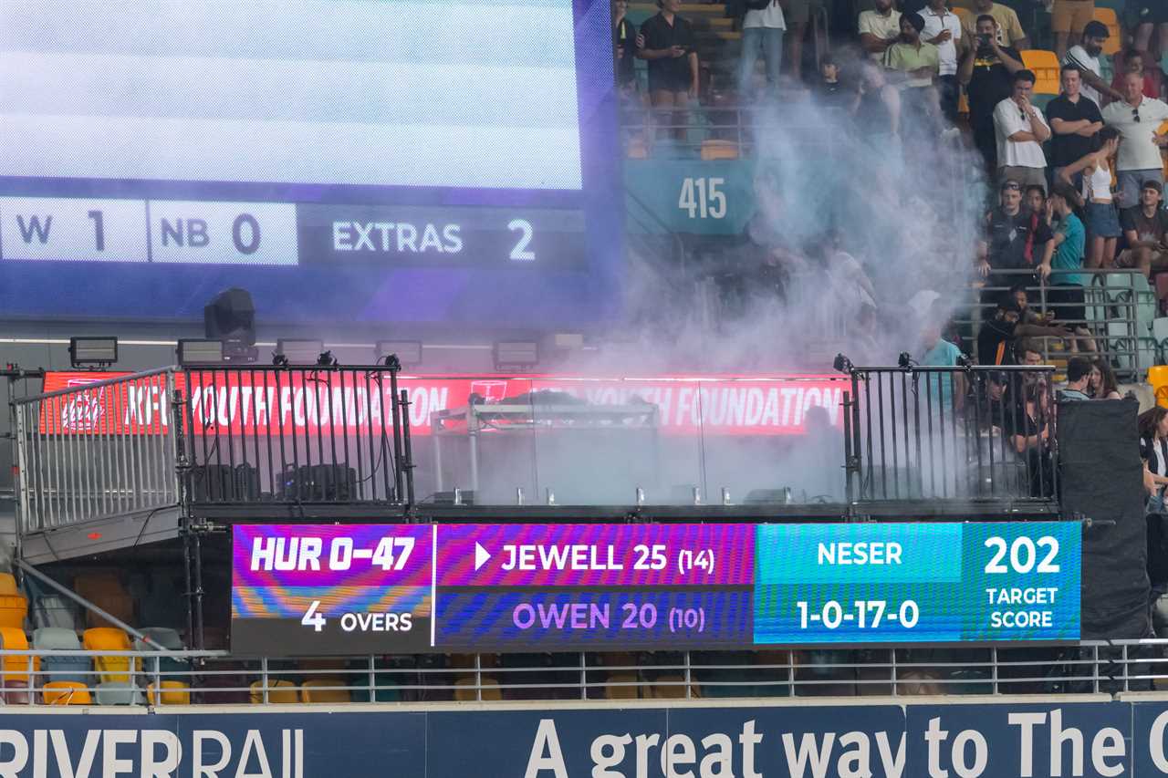 Smoke from a fire in a DJ booth at a cricket match.