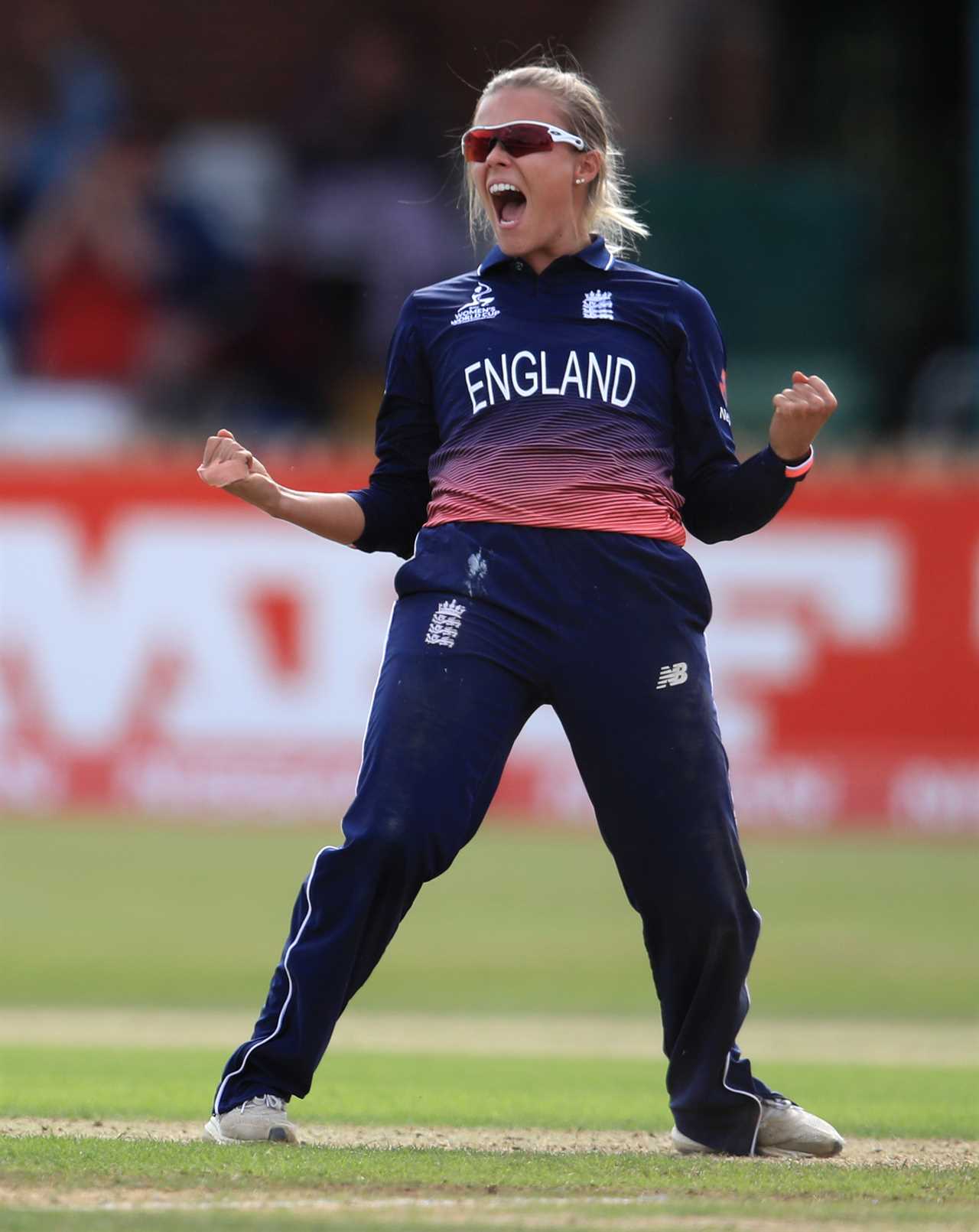 Alex Hartley of the England women's cricket team celebrating a win.