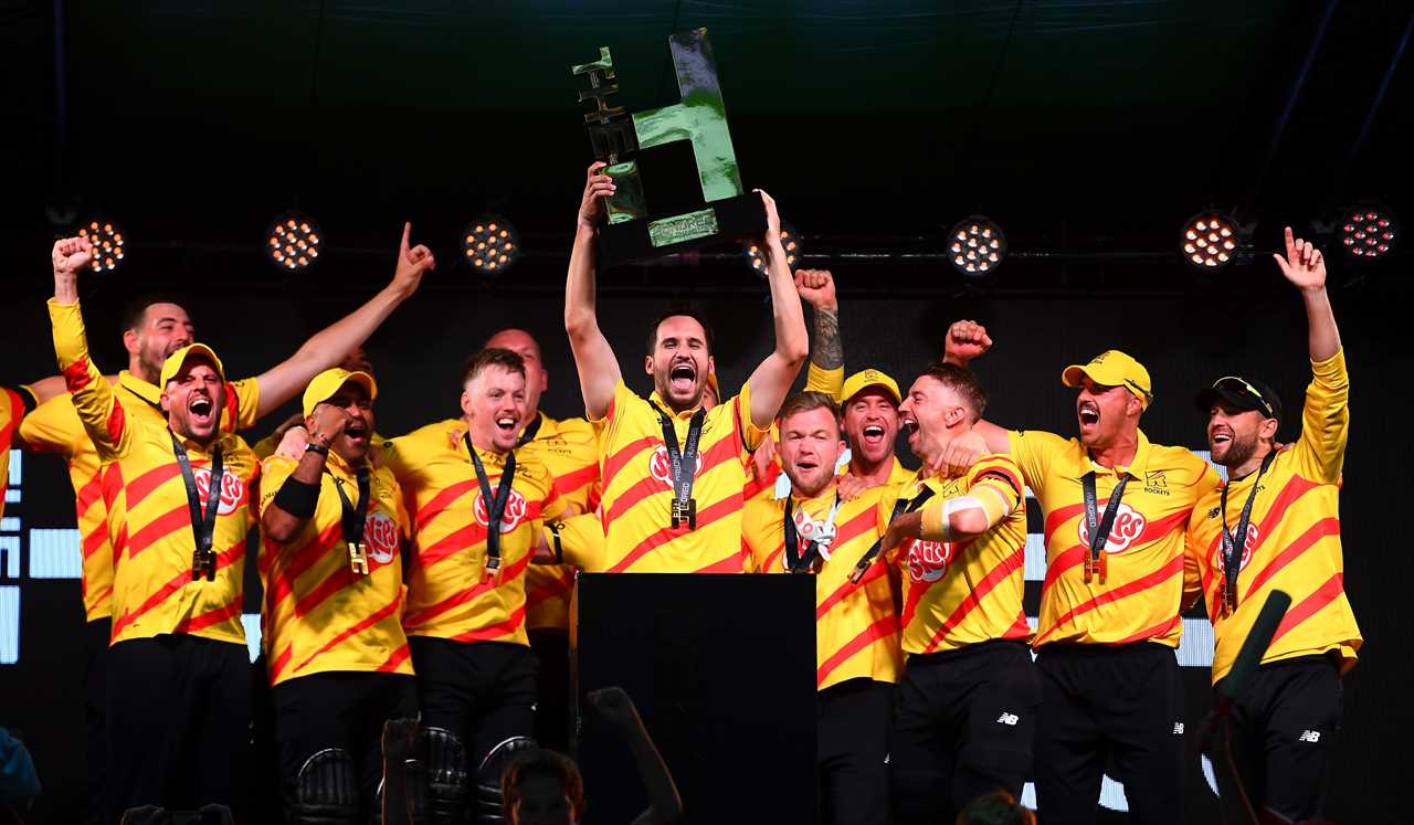 Trent Rockets cricket team celebrates victory, lifting the Hundred Trophy.