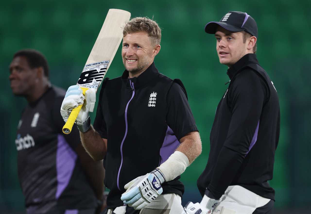 Joe Root and Jamie Smith of England during a cricket nets session.