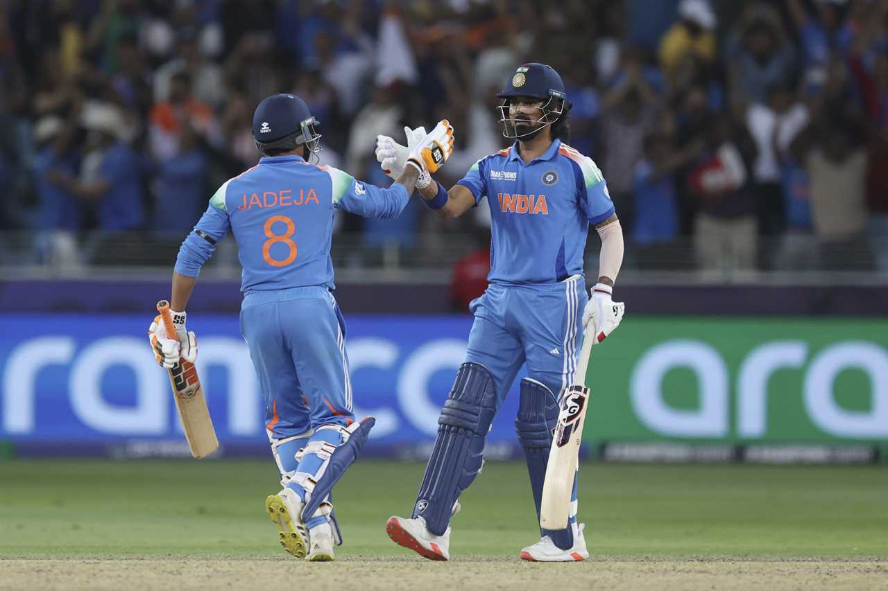 KL Rahul and Ravindra Jadeja celebrating a cricket victory.