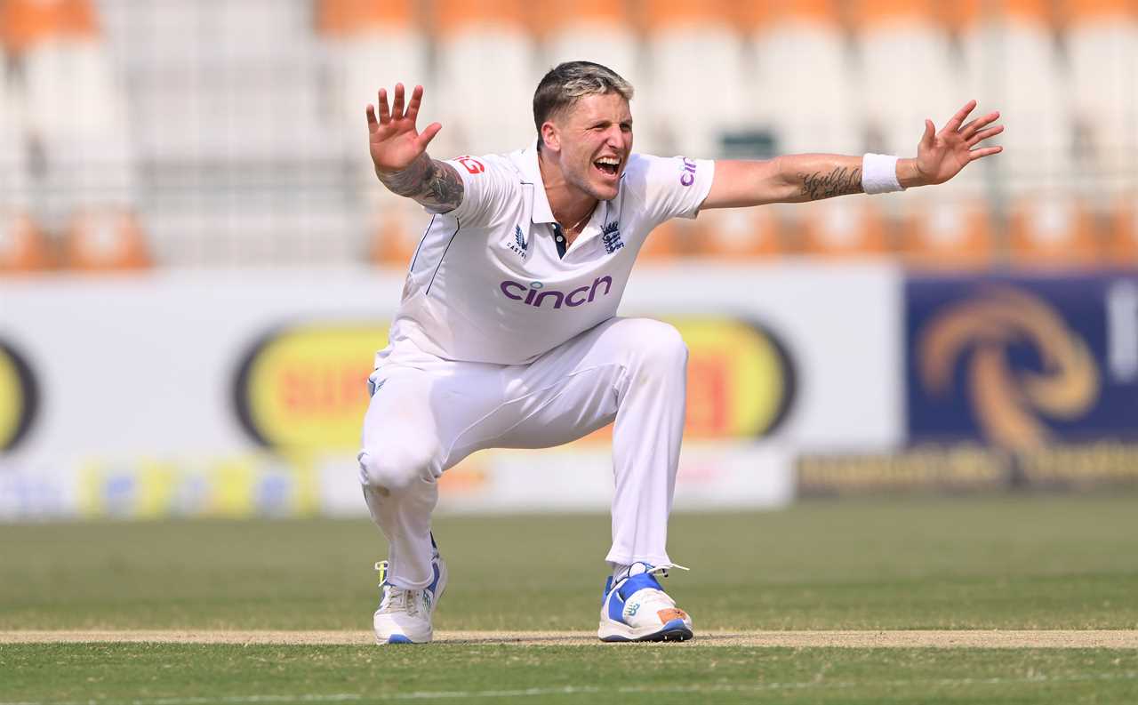 Brydon Carse appealing for a wicket in a cricket match.