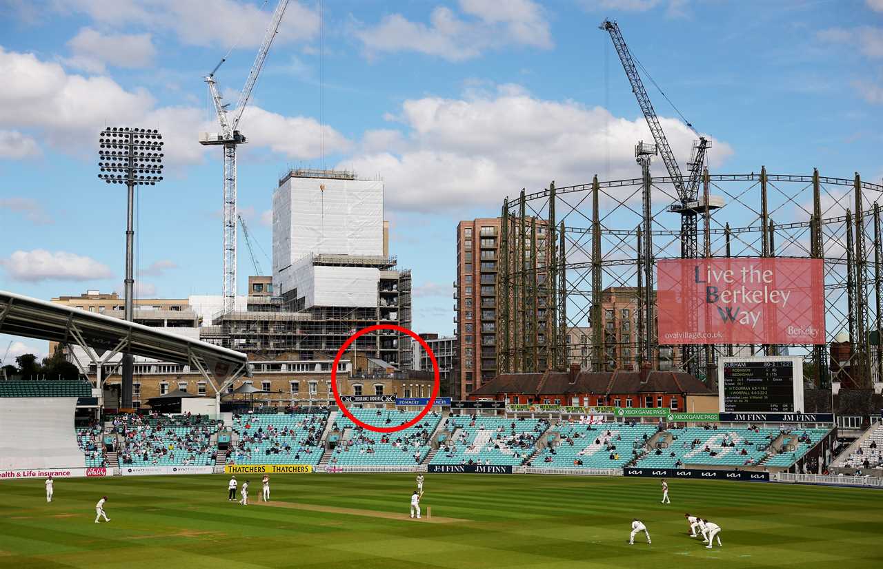 Cricket match at The Kia Oval with construction in the background.