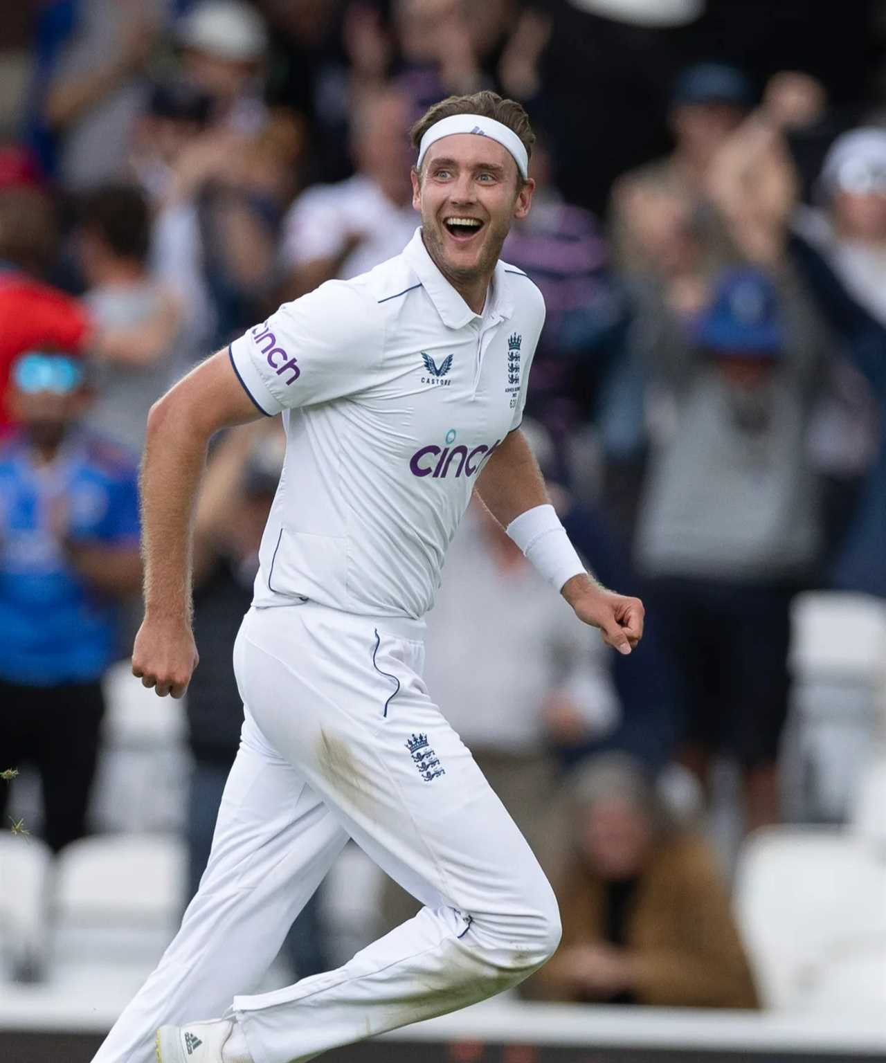 Stuart Broad of England celebrating taking a wicket.