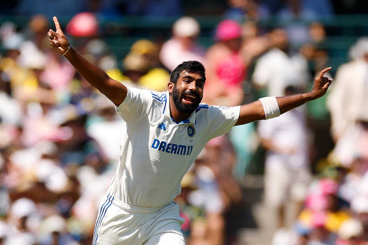 Jasprit Bumrah of India celebrates a dismissal during a cricket match.