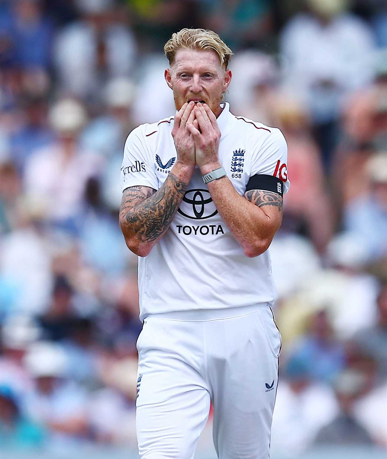 Ben Stokes of England reacts during a cricket match.