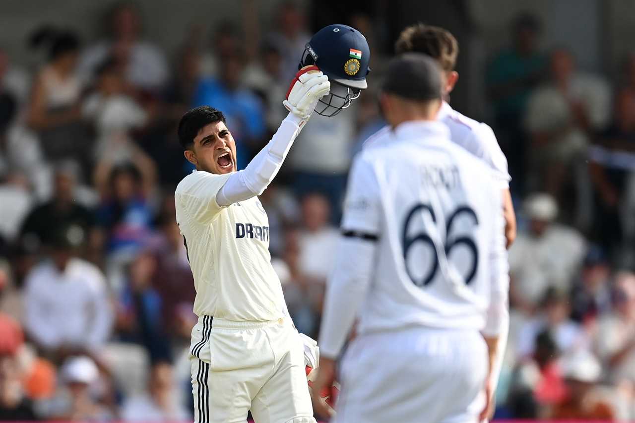 Shubman Gill of India celebrates scoring a century in a cricket match.