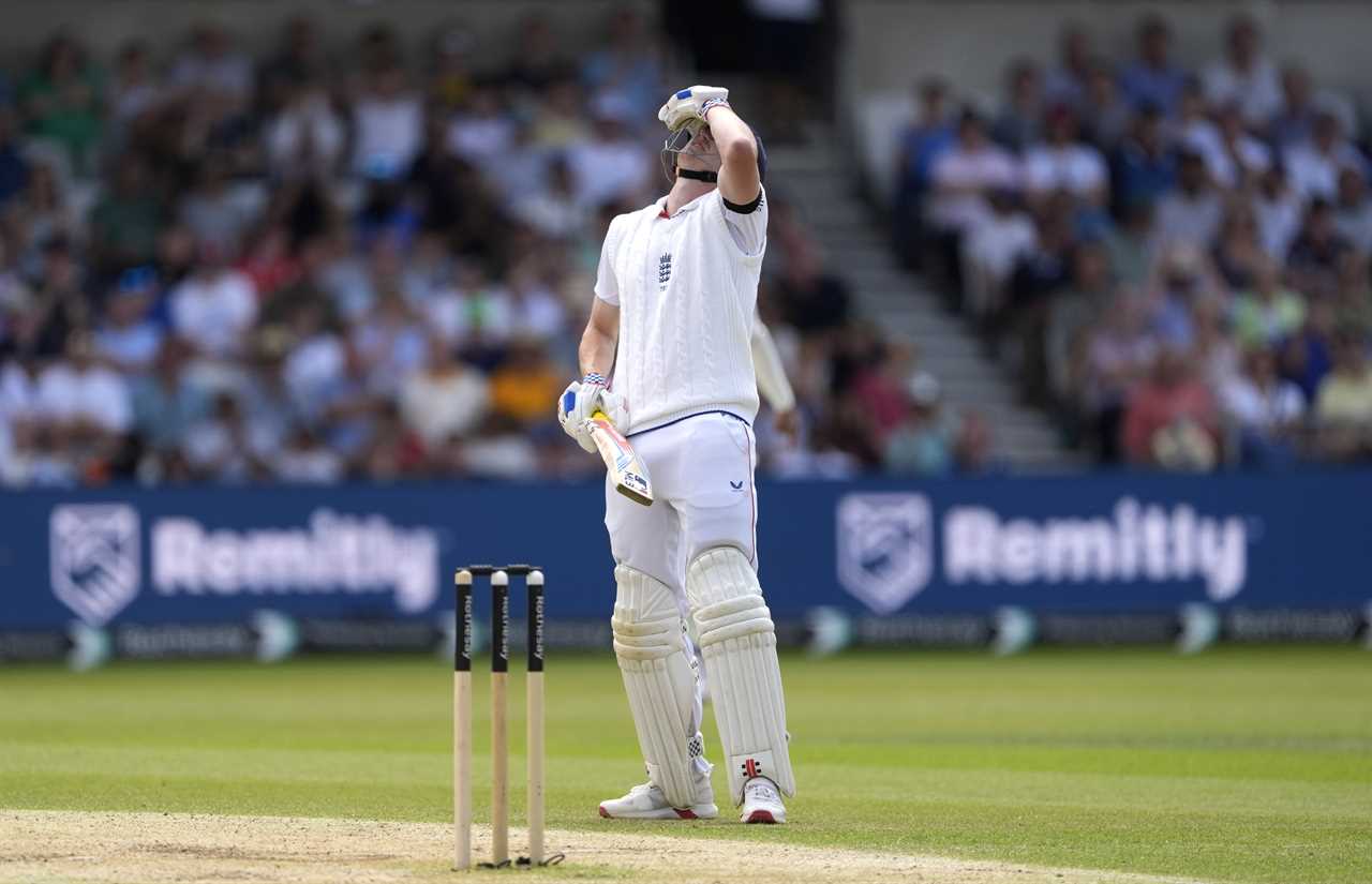Harry Brook of England reacts after being dismissed during a cricket match.