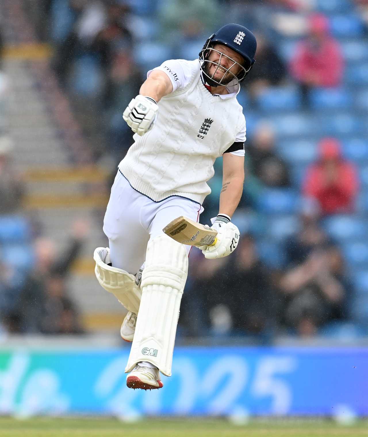 Ben Duckett of England celebrates scoring a century.