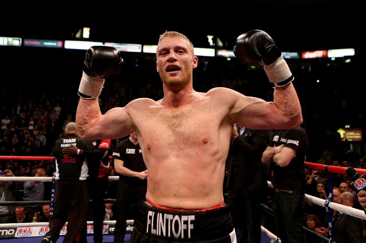 Andrew Flintoff celebrating a boxing victory.