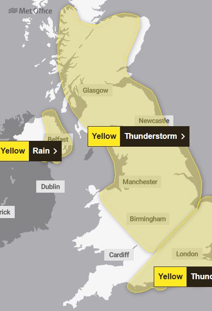 UK weather warning map showing yellow warnings for rain and thunderstorms.