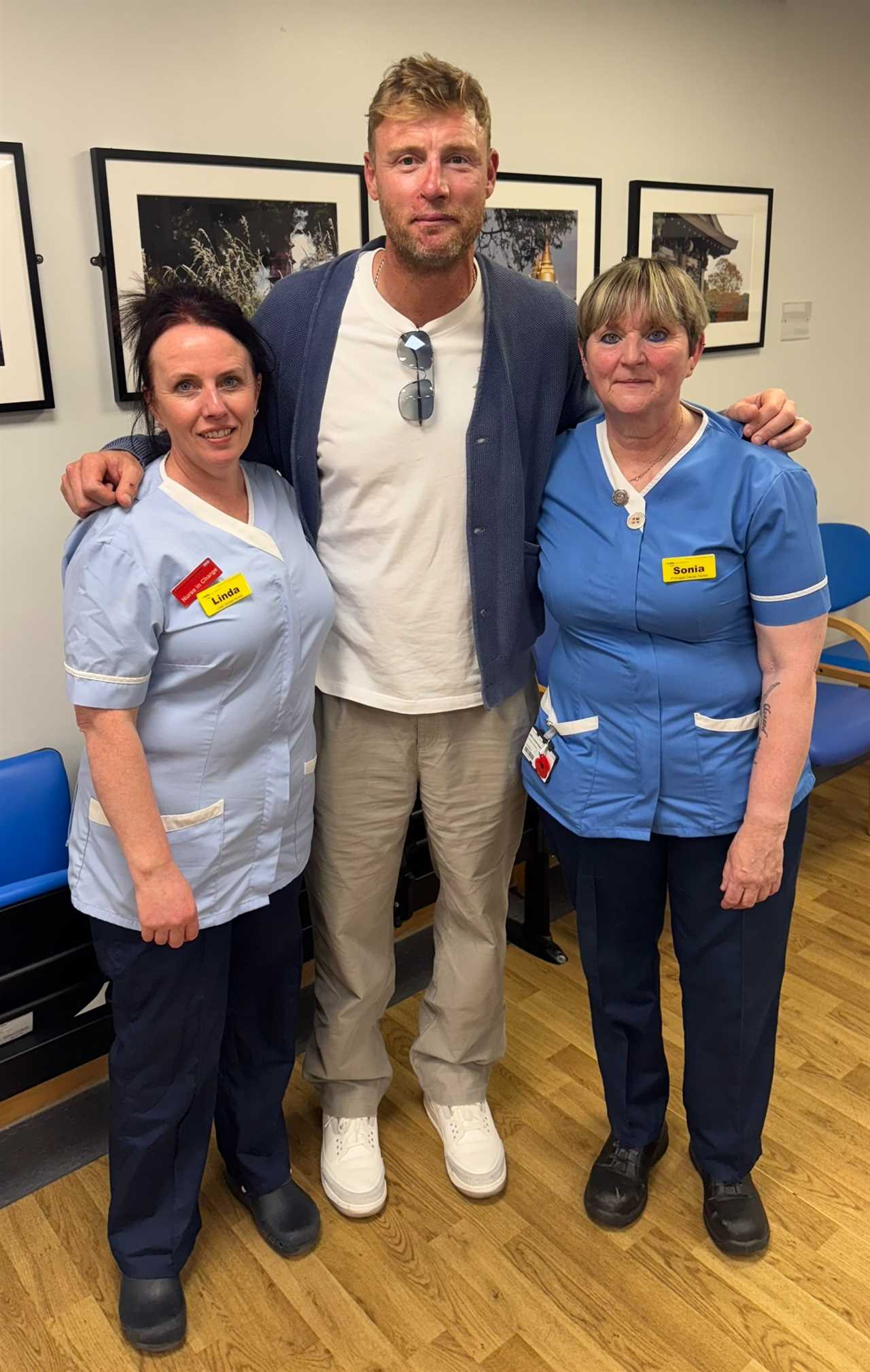 Freddie Flintoff with two nurses, Linda and Sonia.