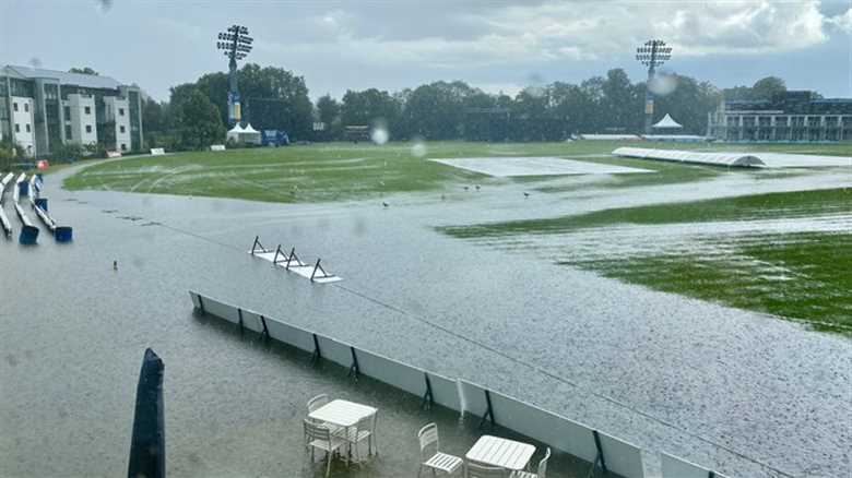 Iconic British cricket ground engulfed in water as flash floods and thunderstorms wreak havoc across UK