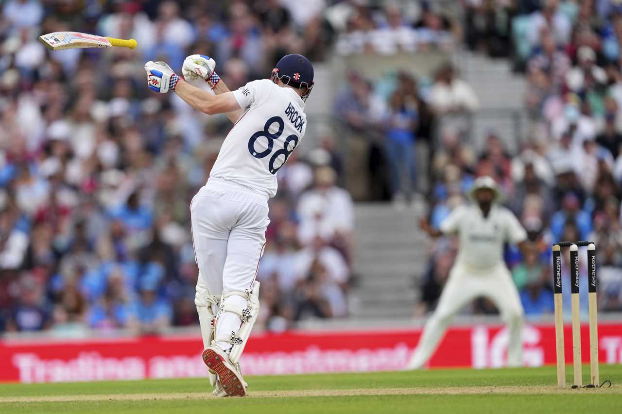 Harry Brook, number 88, loses his bat while batting during a cricket match.
