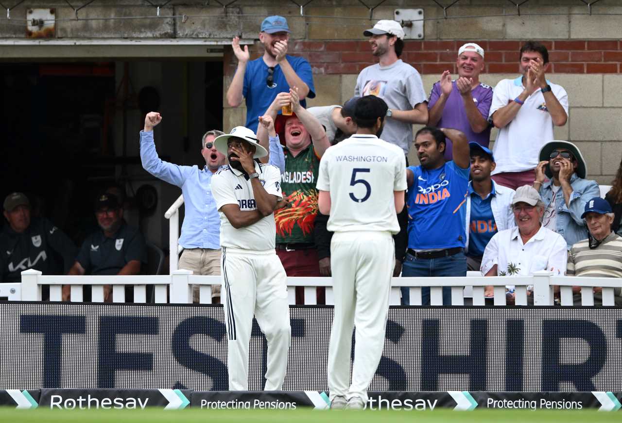 Mohammed Siraj of India looking dejected after a six during a cricket match.