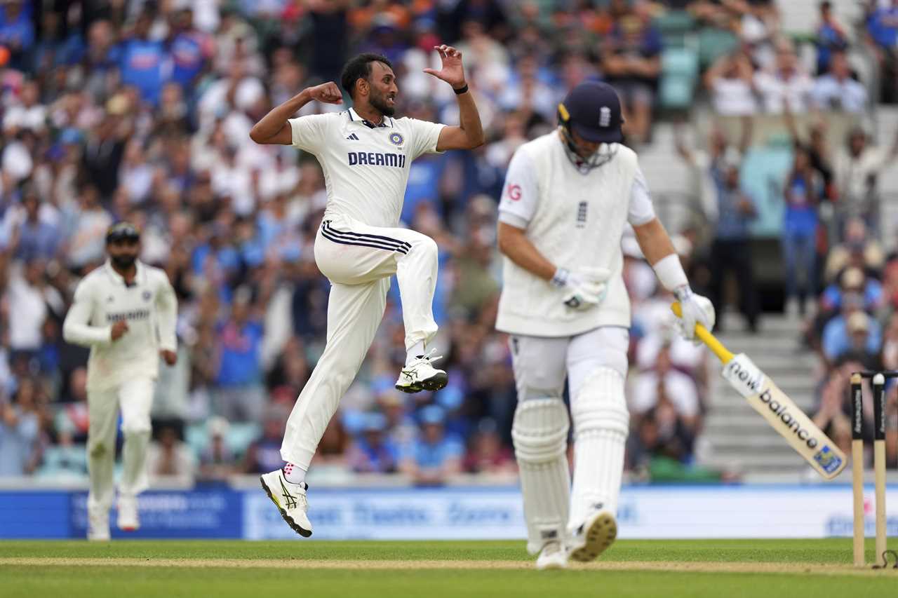 Prasidh Krishna celebrating a cricket wicket.