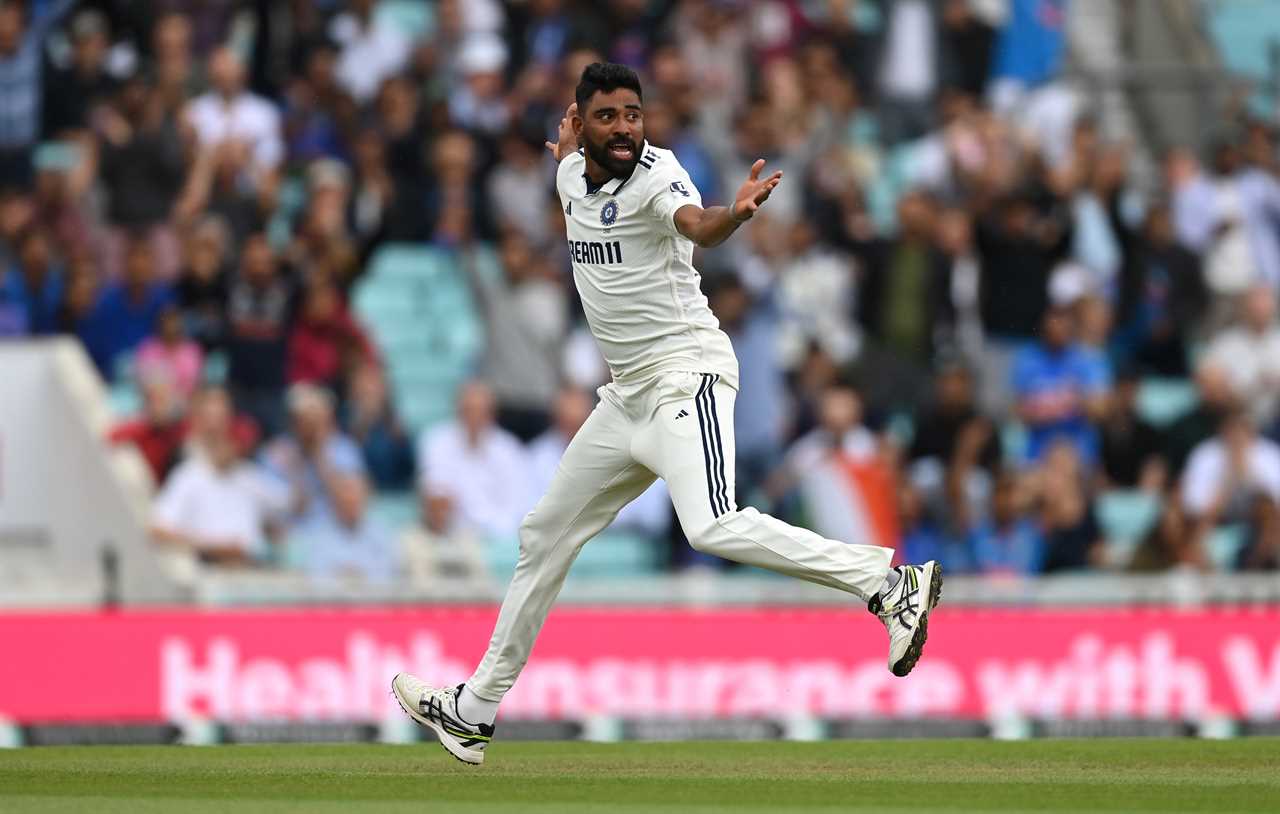 Mohammed Siraj appealing a wicket during a cricket match.