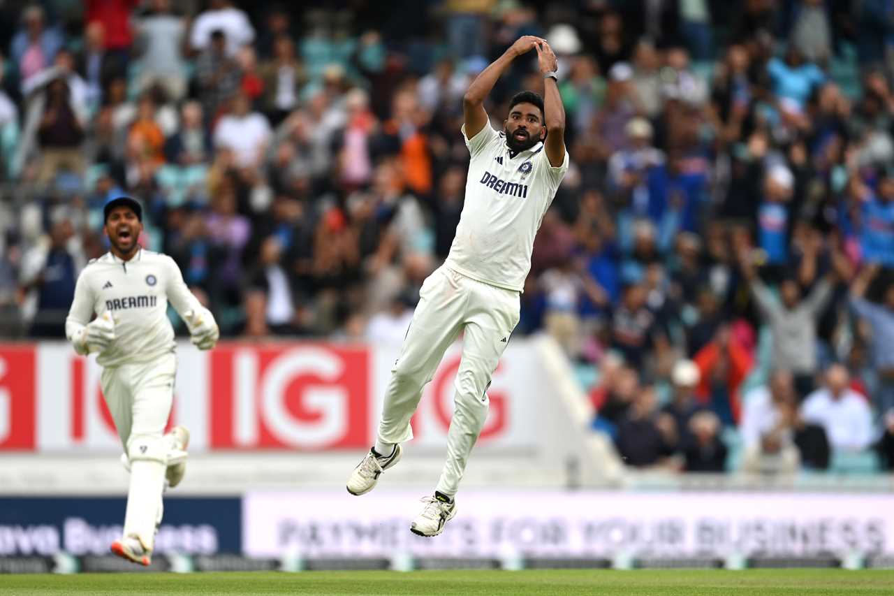 Mohammed Siraj of India celebrates a match-winning wicket.