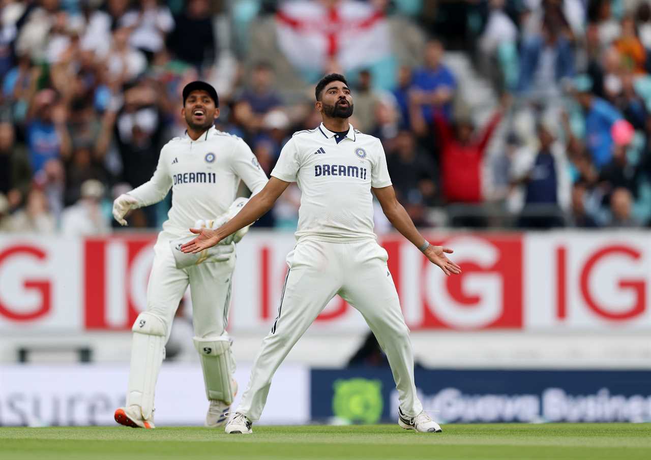 Mohammed Siraj of India celebrating a cricket wicket.