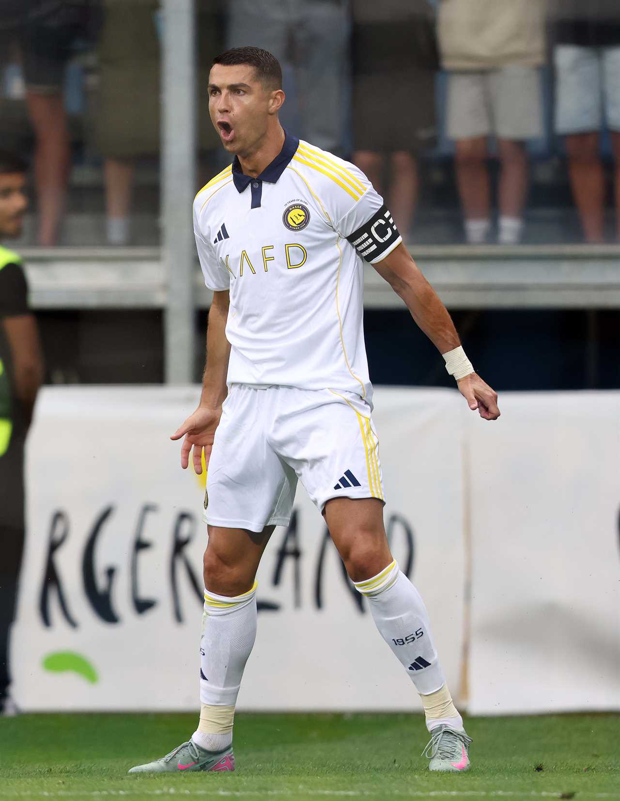 Cristiano Ronaldo of Al Nassr celebrating a goal with teammate Sadio Mané.