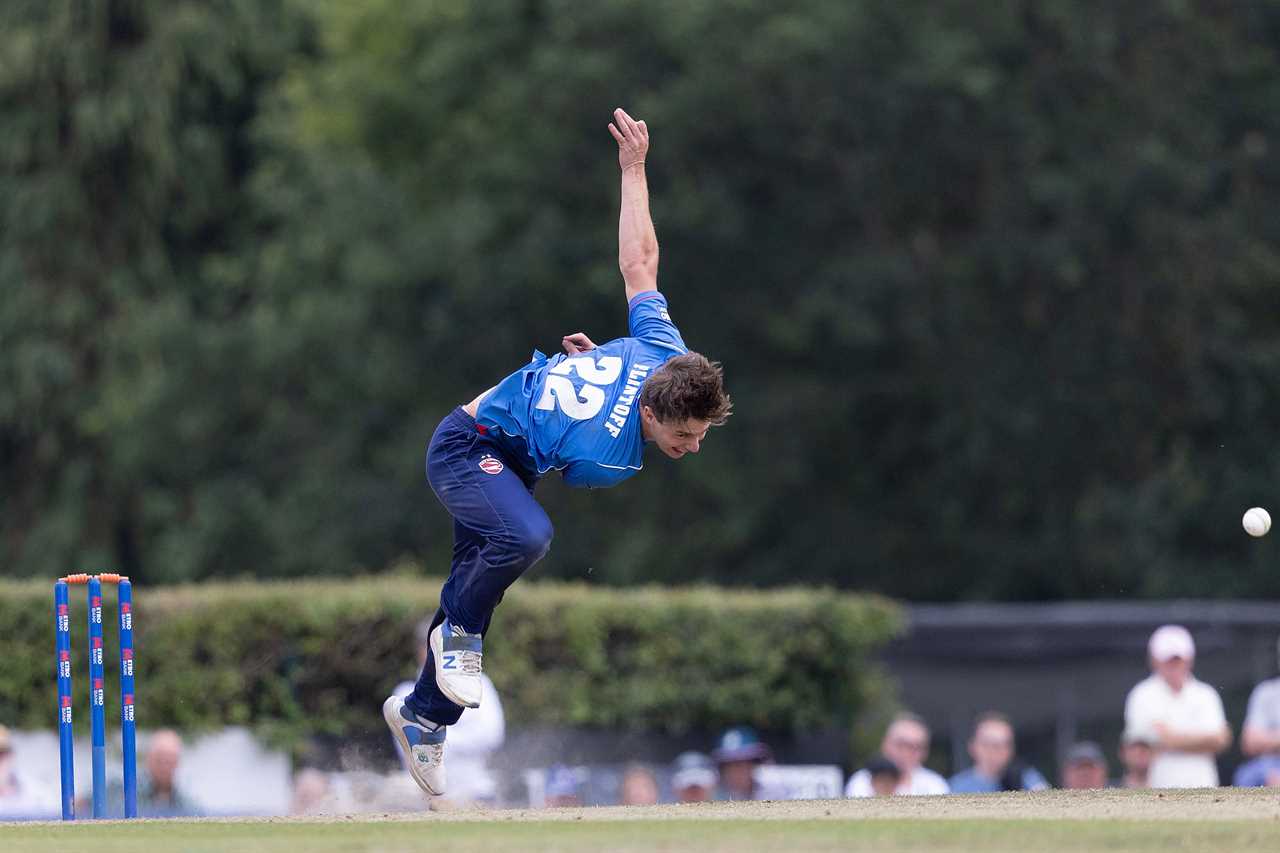 Corey Flintoff of Kent bowling during a cricket match.