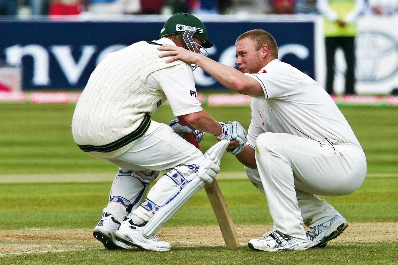 Andrew Flintoff consoling Brett Lee after England's Ashes Test victory.